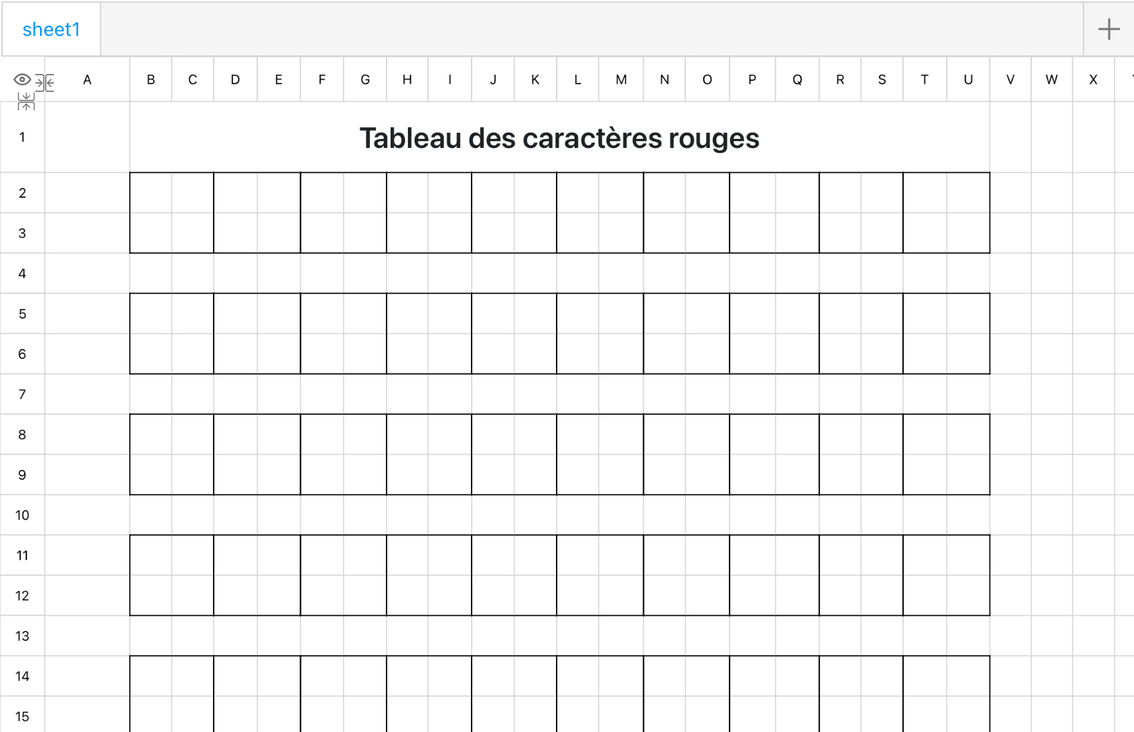 Tableau des caractères rouges